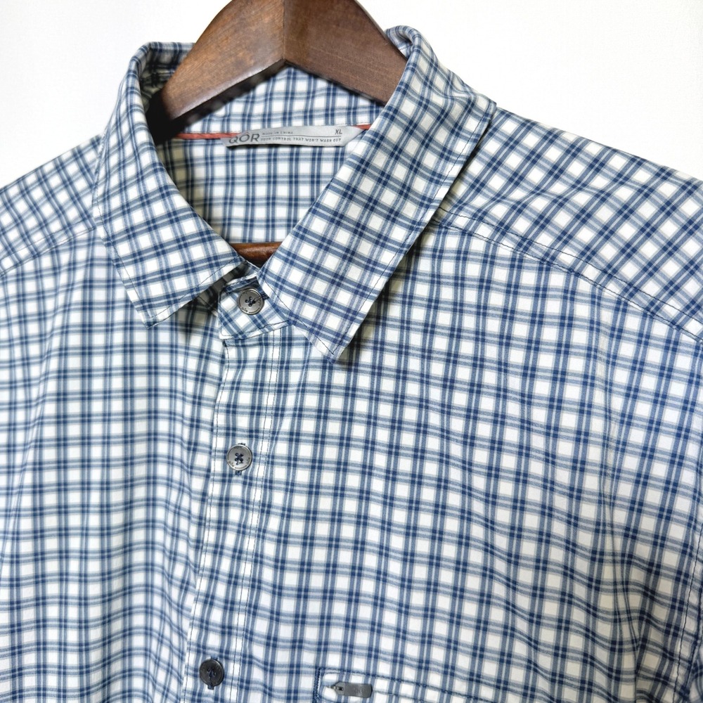 QOR Mens Plaid Performance Button Down Shirt Blue White XL Stretch 11860 Fall 17